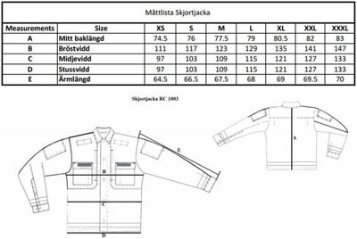 Skjortjacka mattabell