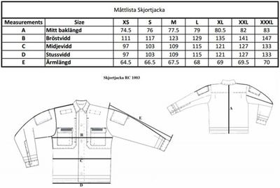 Skjortjacka måttabell