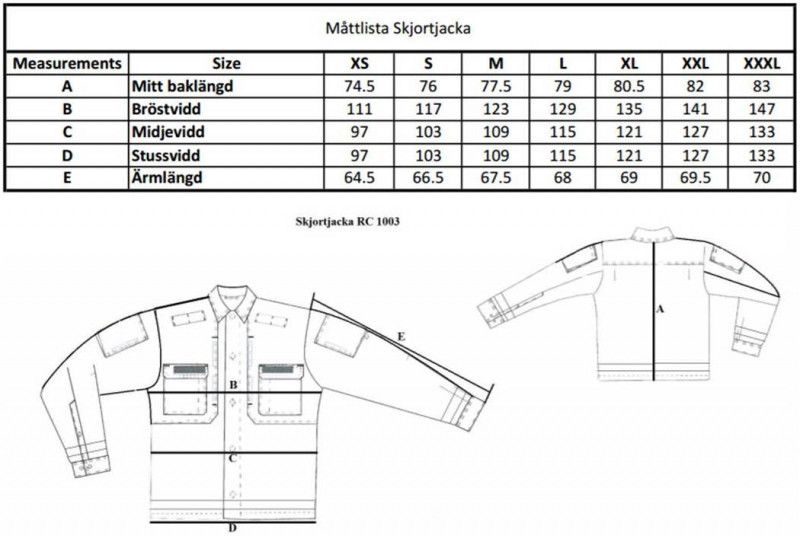 Skjortjacka mattabell