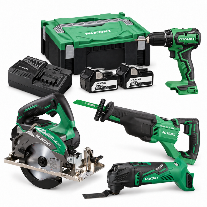 HiKOKI 18V verktygspaket – 4 maskiner med 2×5,0 Ah batterier och laddare