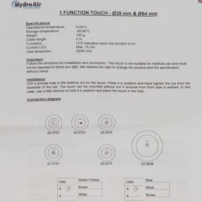 HydroAir Styrpanel Rund, 1 Funktion: Vattenpump av/på