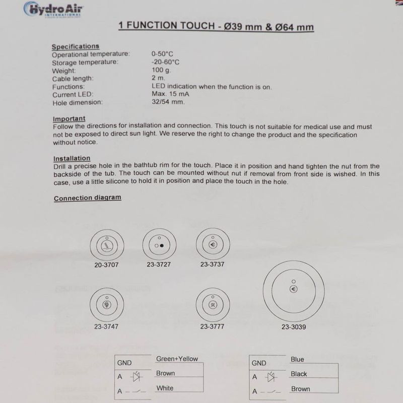 HydroAir Styrpanel Rund, 1 Funktion: Vattenpump av/på