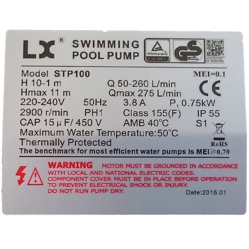 LX Whirlpool STP100 Pool pump, 1.0hk, 1-fas