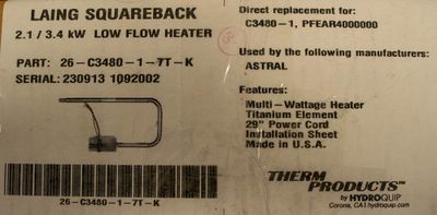 Laing 5.5kW värmare square back, dubbla titan element