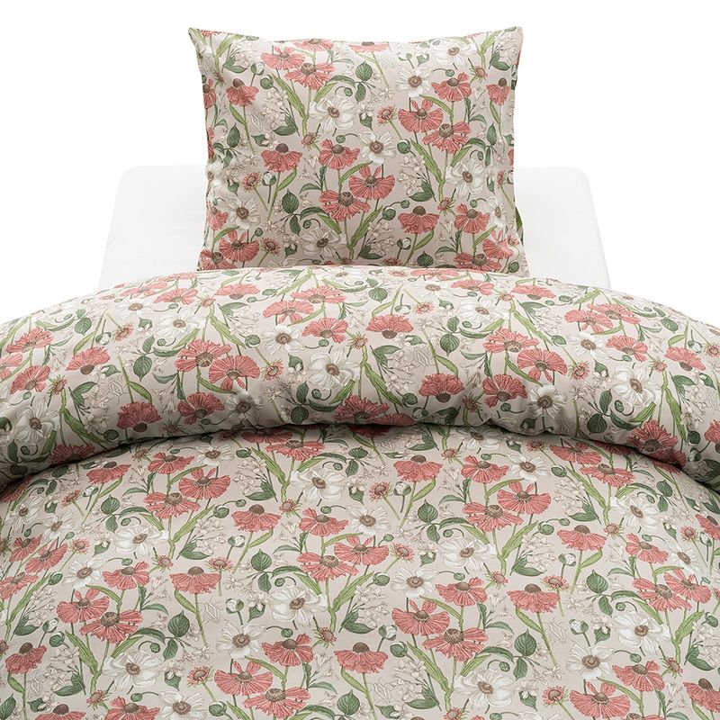 Bäddset i mjuk 100% bomull med vackert mönster med blommor och blad i grönt, rosa och vitt