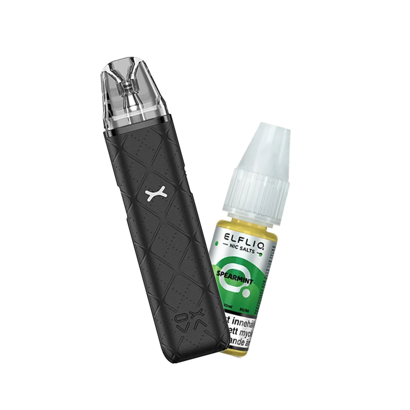 OXVA Xlim Go Pod Kit bredvid Elfliq Spearmint flaska, placerade mot en ljus bakgrund.
