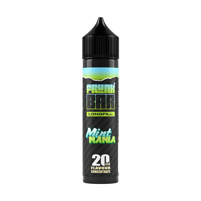 Svart, blå och grön flaska. På flaskan står det frunk bar longfill mint mania 20ml flavour concentrate