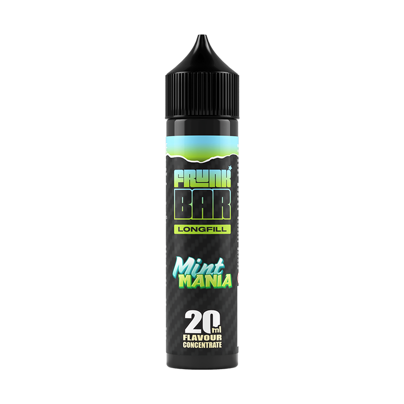 Svart, blå och grön flaska. På flaskan står det frunk bar longfill mint mania 20ml flavour concentrate