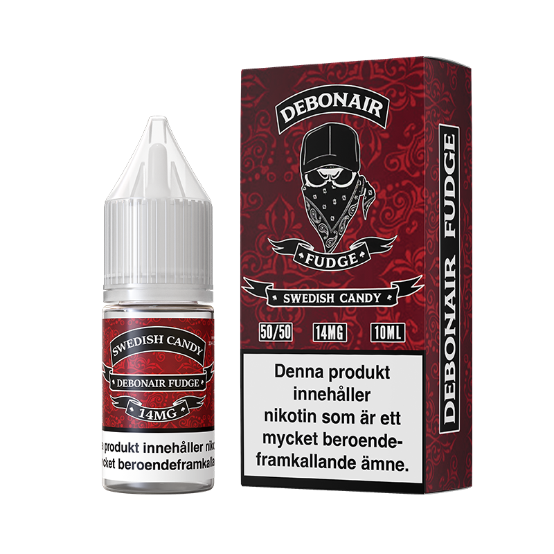 På bilden syns en flaska och låda. båda är röda och på dom står det Swedish candy debonair fudge 14mg