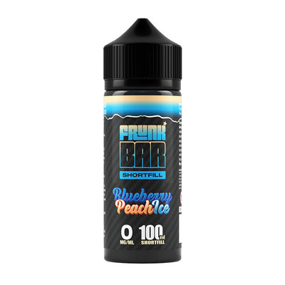 Svart, blå och orange flaska. På flaskan står det frunk bar shortfill blueberry pea