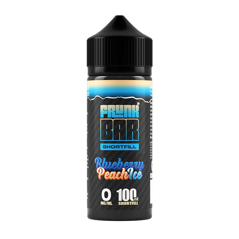 Svart, blå och orange flaska. På flaskan står det frunk bar shortfill blueberry pea