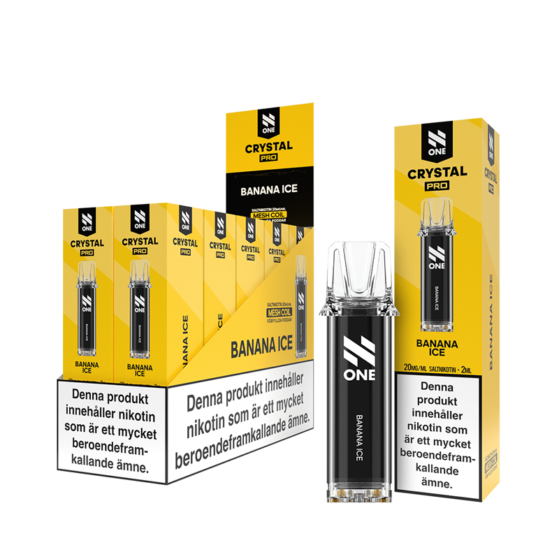 N One Crystal PRO Pod Banana Ice 10-Pack förfyllda vape pods, 2 ml e-vätska och 20 mg nikotin, kompatibla med N One Crystal PRO batterier