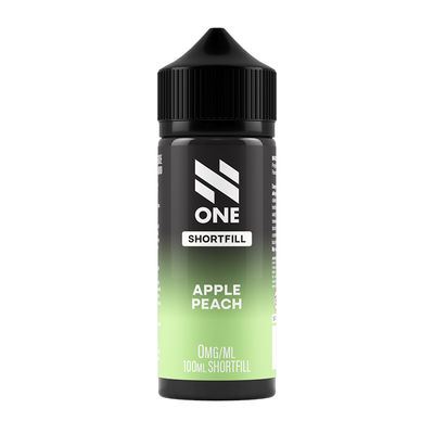 Svart och grön flaska. På flaskan står det N One Shortfill apple peach 0mg/ml 100ml shortfill