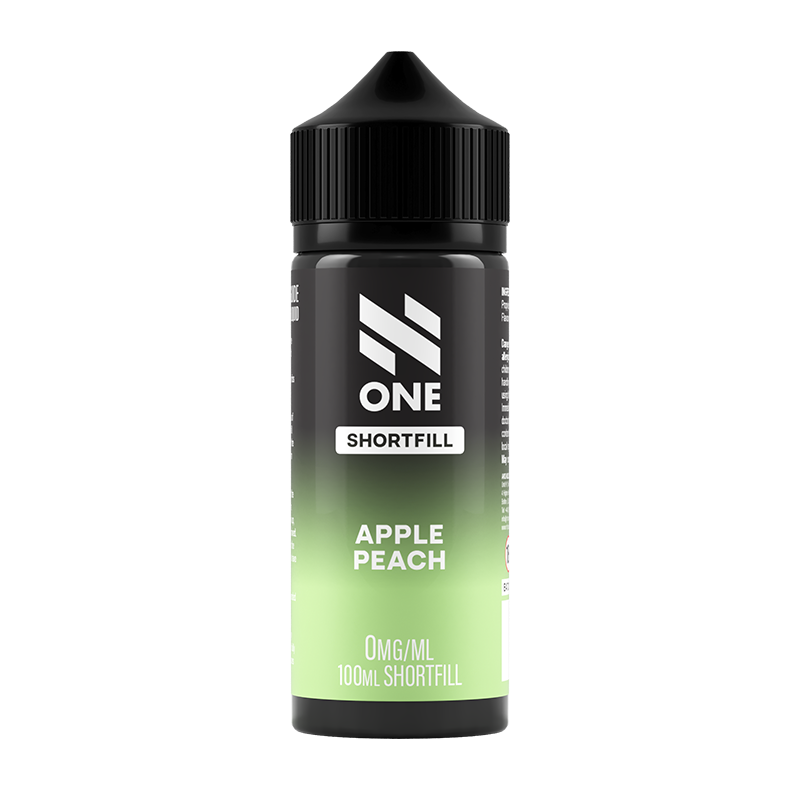 Svart och grön flaska. På flaskan står det N One Shortfill apple peach 0mg/ml 100ml shortfill