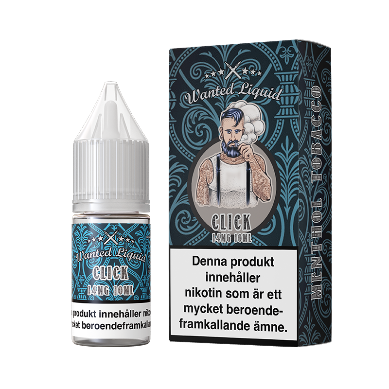 På bilden syns en flaska och låda. Lådan har ett motiv utav en tatuerad man som röker. Båda flaska och låda är blå På båda flaska och låda står det wanted liquid click 14mg 10ml menthol tobacco