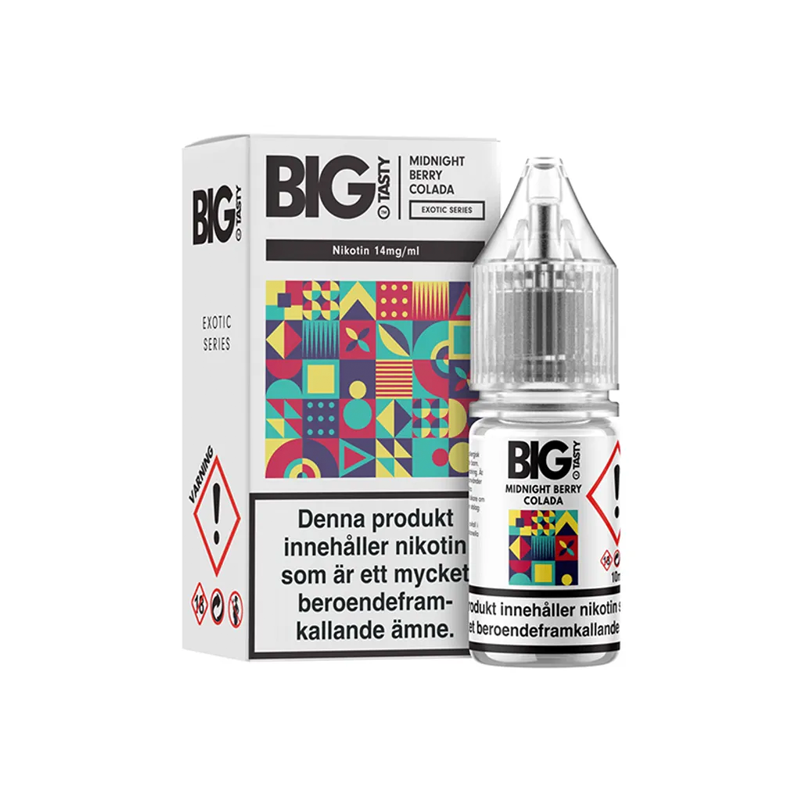 Big Tasty Salt Midnight Berry Colada Flaska bredvid originalförpackning