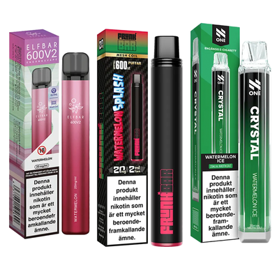 3-pack engångsvapes med vattenmelon – Elf Bar 600V2, Frunk Bar Watermelon Splash och N One Crystal Watermelon Ice 20 mg
