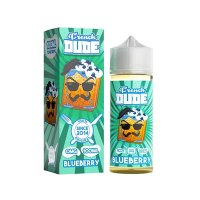 French Dude Blueberry original kartong och flaska mot vit bakgrund