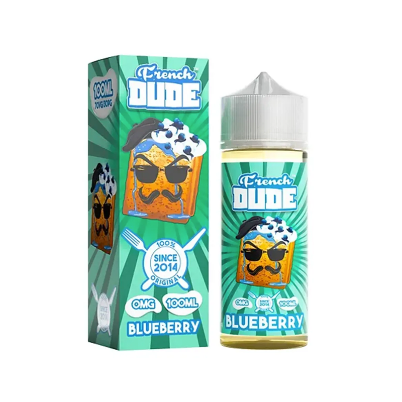 French Dude Blueberry original kartong och flaska mot vit bakgrund