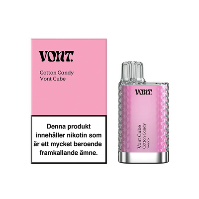Förpackning och engångsvape Vont Cube cotton candy med varningstext om nikotin och märkning 20 mg/ml.