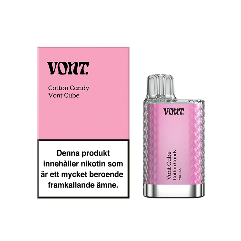 Förpackning och engångsvape Vont Cube cotton candy med varningstext om nikotin och märkning 20 mg/ml.