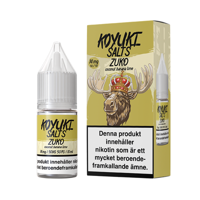 På bilden syns en flaska och låda. Lådan har ett motiv utav en älg på sig. Båda flaska och låda är gul. På båda flaska och låda står det Koyuki salts zuko coconut banana lime14mg 50/50
