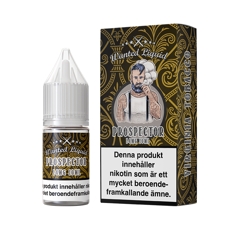 På bilden syns en flaska och låda. Lådan har ett motiv utav en tatuerad man som röker. Båda flaska och låda är brun och gul. På båda flaska och låda står det wanted liquid prospector 14mg 10ml virginia tobacco