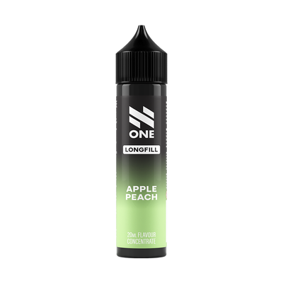 Svart och grön flaska. På flaskan står det N One longfill apple peach 20ml flavour concentrate