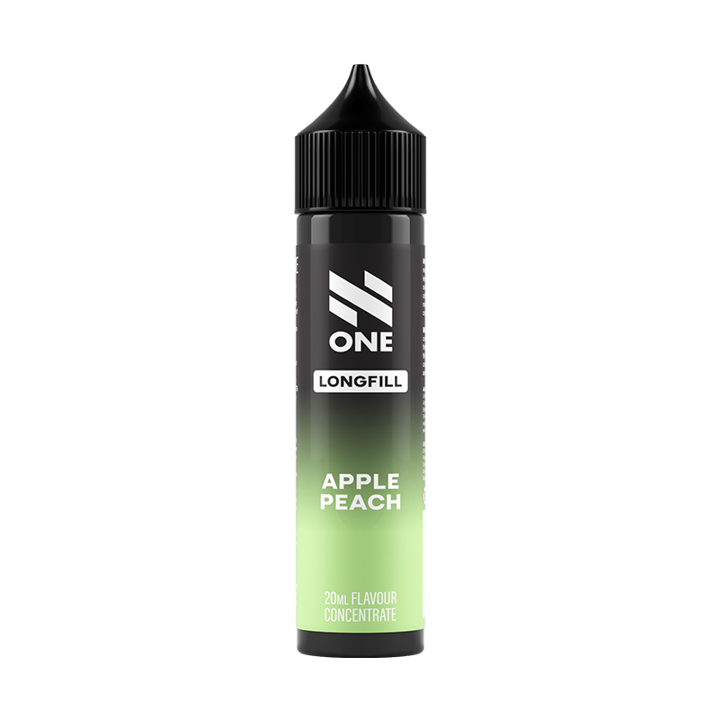 Svart och grön flaska. På flaskan står det N One longfill apple peach 20ml flavour concentrate