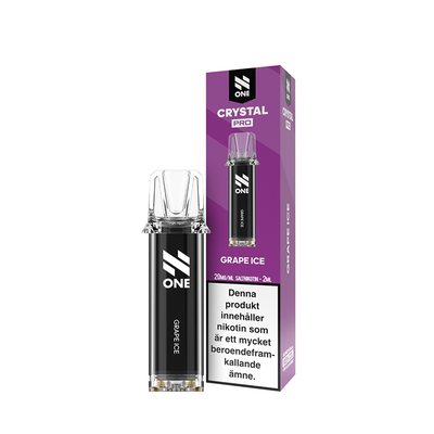 På bilden syns en pod och en låda. Podden är svart och på den står det n one grape ice. Lådan är lila och på den står det n one crystal pro grape ice 20mg/ml saltnikotin 2ml