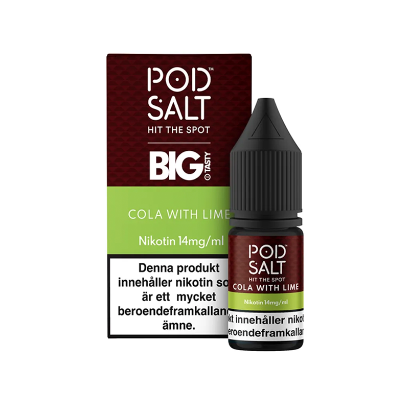 Pod Salt Cola With Lime Flaska bredvid originalförpackning