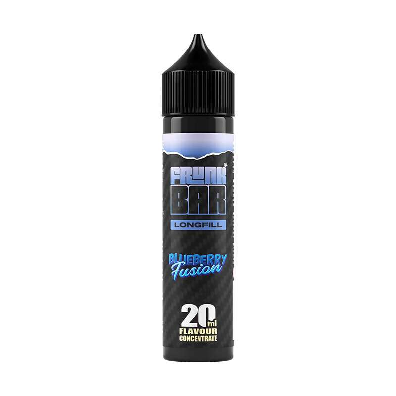 Svart, blå och lila flaska. På flaskan står det frunk bar longfill blueberry fusion 20ml flavour concentrate