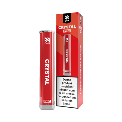 På bilden syns en enhet med batteri och en låda. Batteriet är rött och på det står det N one crystal pro. På lådan står det n one crystal pro laddningsbart batteri