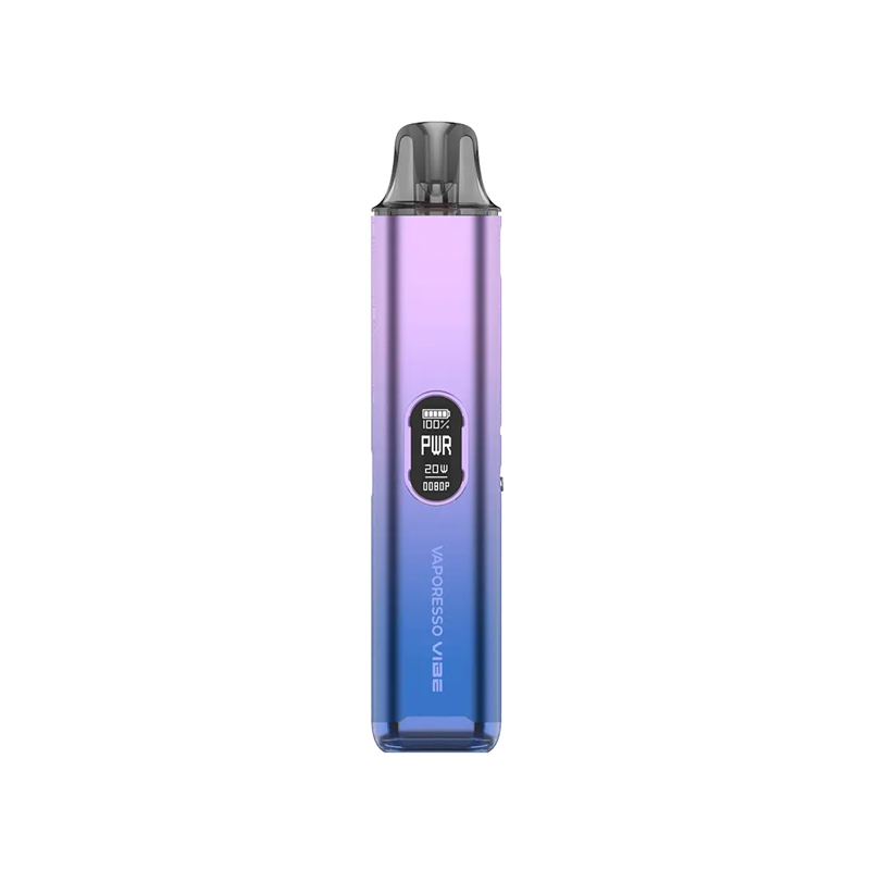 Vaporesso VIBE i färgen Berry Purple – e-cigarett med OLED-skärm, Dual Mesh-pod och gradientdesign i lila och blå ton