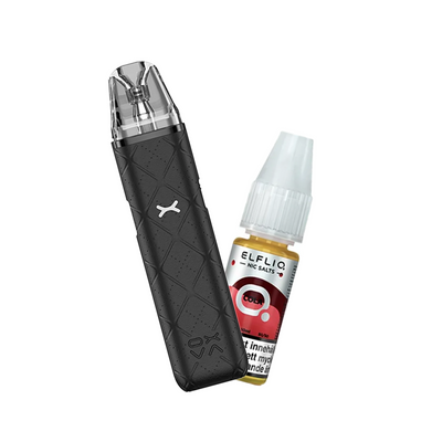OXVA Xlim Go Pod Kit bredvid Elfliq Cola flaska, placerade mot en ljus bakgrund.