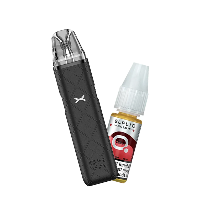 OXVA Xlim Go Pod Kit bredvid Elfliq Cola flaska, placerade mot en ljus bakgrund.