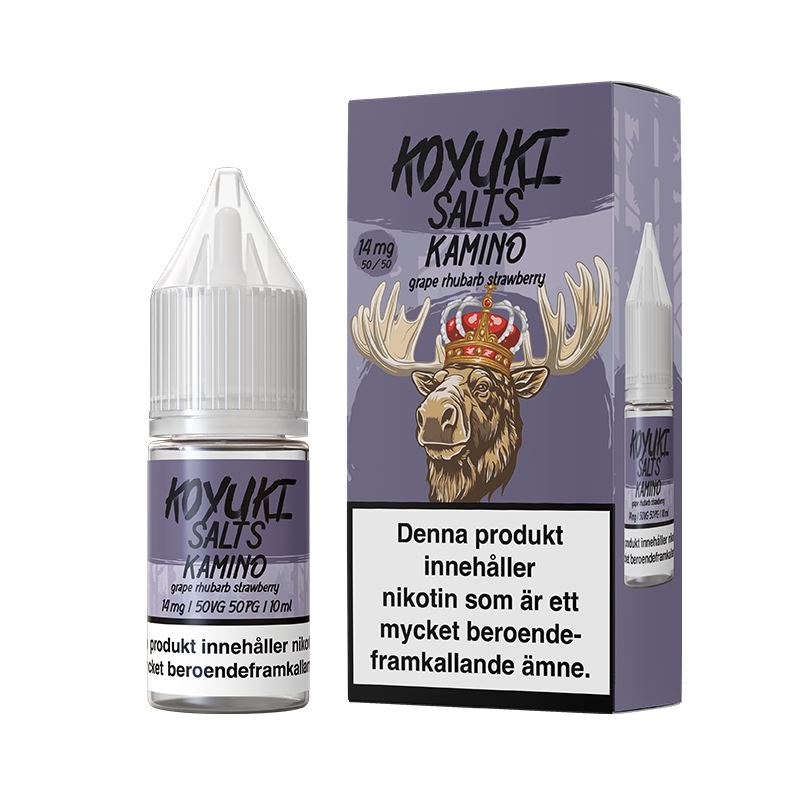 På bilden syns en flaska och låda. Lådan har ett motiv utav en älg på sig. Båda flaska och låda är blå och lila. På båda flaska och låda står det Koyuki salts kamino grape rhubarb strawberrry14mg 50/50