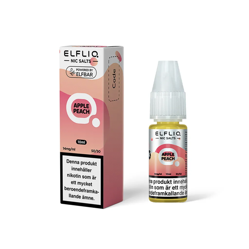ElfLiq Apple Peach Flaska bredvid originalförpackning