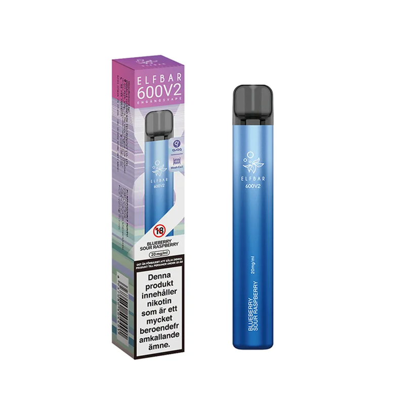 Elfbar V2 Mesh Engångs Vape Blueberry Sour Raspberry bredvid originalförpackning