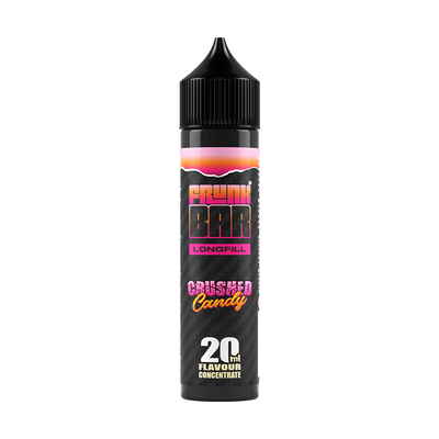 Svart, rosa och orange flaska. På flaskan står det frunk bar longfill crushed candy 20ml flavour concentrate