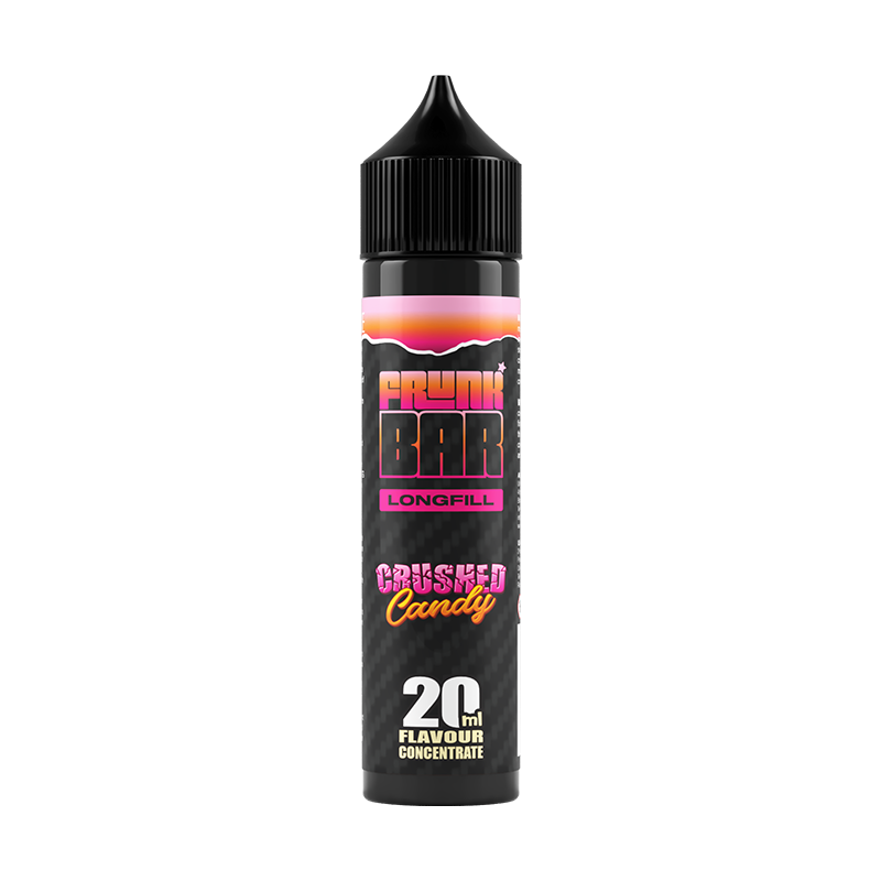 Svart, rosa och orange flaska. På flaskan står det frunk bar longfill crushed candy 20ml flavour concentrate