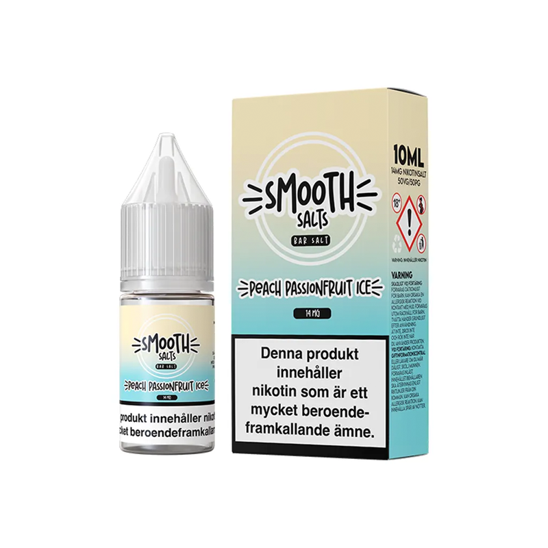Smooth Salts Peach Passionfruit Ice Flaska bredvid originalförpackning