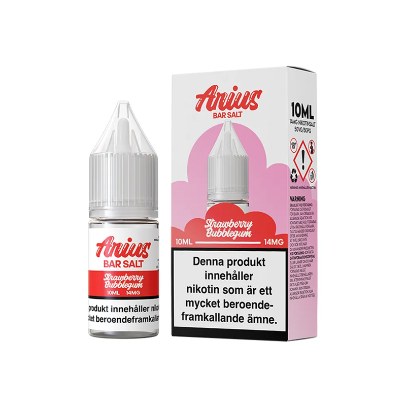 Arius Bar Salt Strawberry Bubblegum flaska bredvid originalförpackning