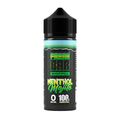 Svart, grön och blå flaska. På flaskan står det frunk bar shortfill menthol mojito 0 mg/ml 100ml shortfill