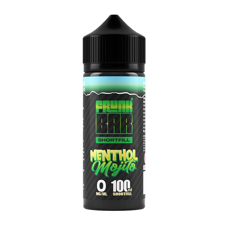 Svart, grön och blå flaska. På flaskan står det frunk bar shortfill menthol mojito 0 mg/ml 100ml shortfill