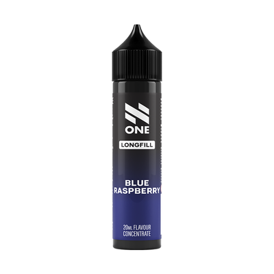 Svart och blå flaska. På flaskan står det N One longfill blue rsapberry 20ml flavour concentrate