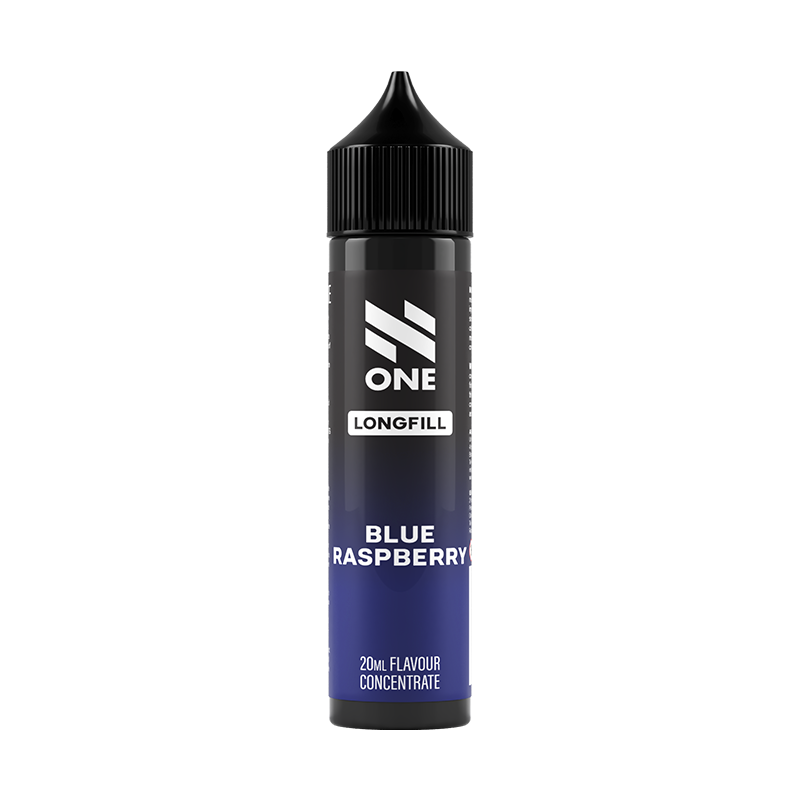Svart och blå flaska. På flaskan står det N One longfill blue rsapberry 20ml flavour concentrate