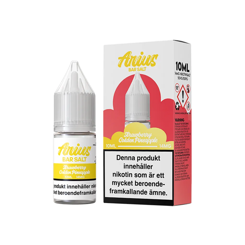 Arius Bar Salt Strawberry Golden Pineapple flaska bredvid originalförpackning