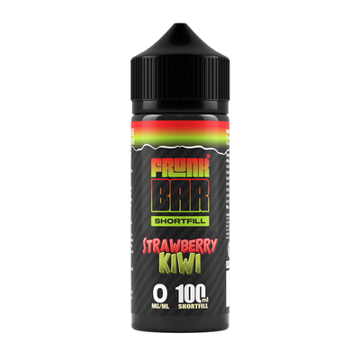 Svart, grön och röd flaska. På flaskan står det frunk bar shortfill strawberry kiwi 0 mg/ml 100ml shortfill