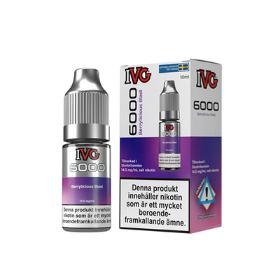 IVG 6000 Berrylicious Blast originalflaska bredvid originalförpackning mot vit bakgrund